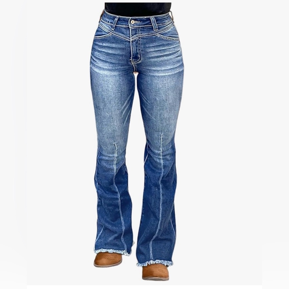 Flamingals Bootcut Jeans Frayed Hem Wash Stitch Detail Jeans
